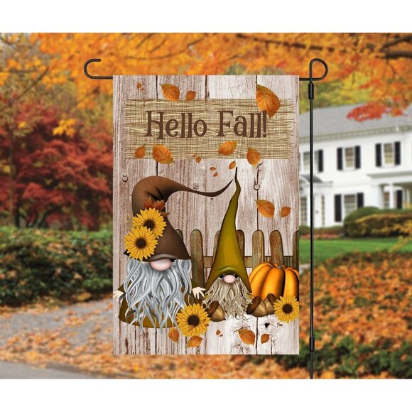 HELLO FALL Gnomes Double Sided Fall Gnome Garden Flag with Pumpkin Leaves NEW - Picture 4 of 7